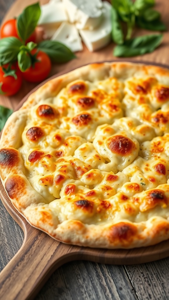 Golden brown pizza crust on a wooden peel with fresh ingredients in the background.